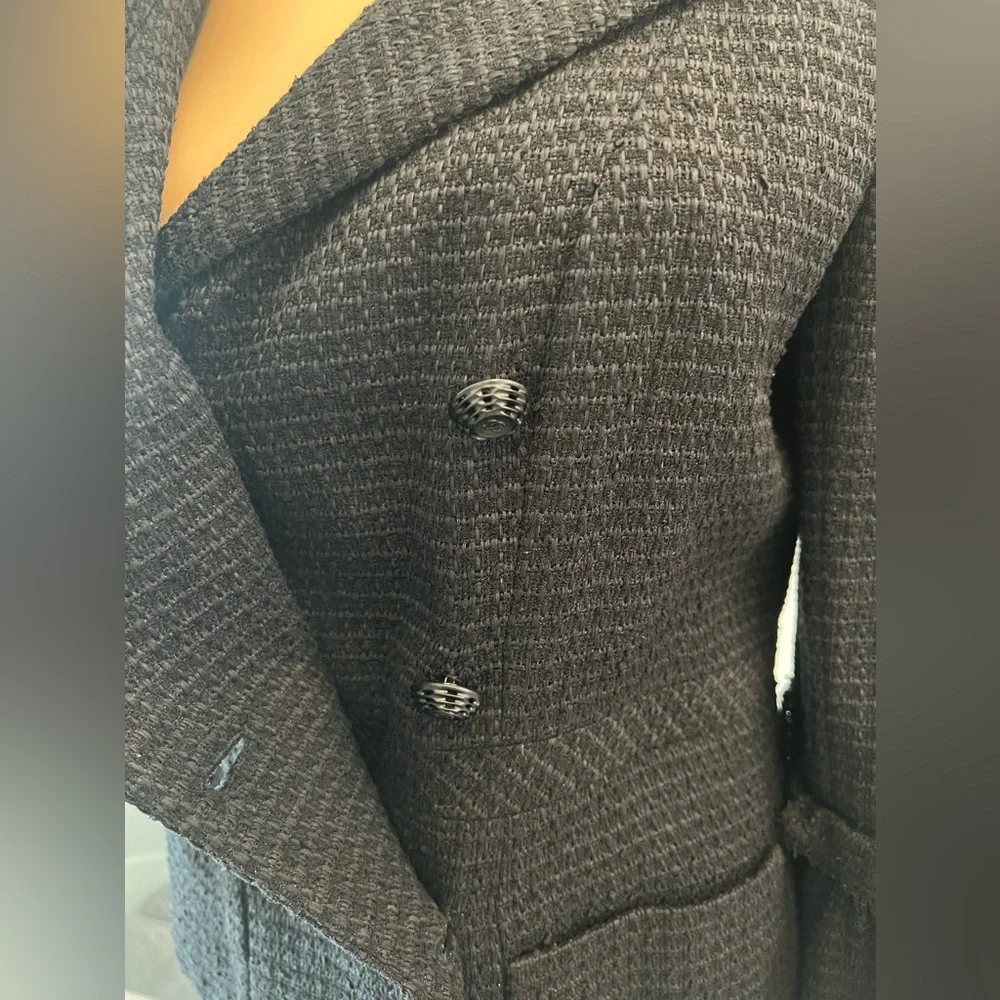 Chanel New CC Camellia Buttons Black Tweed Double Breasted Jacket size 44
